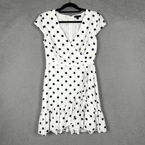 J. Crew Dresses & Skirts - J Crew Dress Womens 6 White Black Polka Dot Faux Wrap Mini Cap Sleeve Ruffle